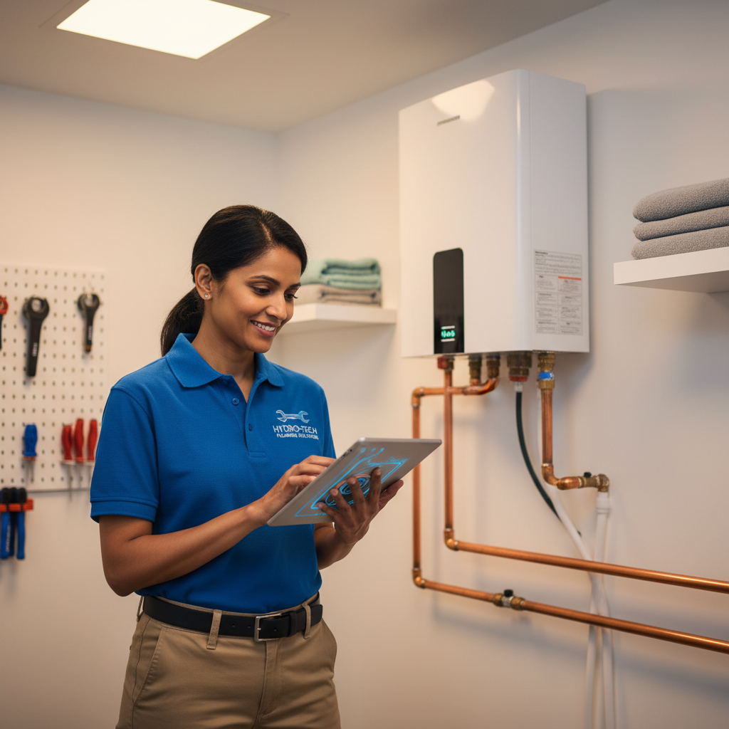 Prestige Plumbing technician reviewing work plans